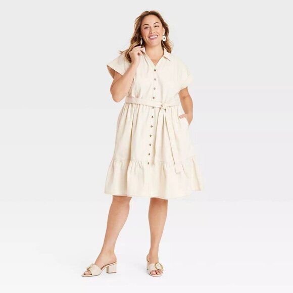 Ava & Viv Dresses & Skirts - NEW Ava & Viv Women's Short Sleeve Denim Tiered Midi A-Line Dress Off-White